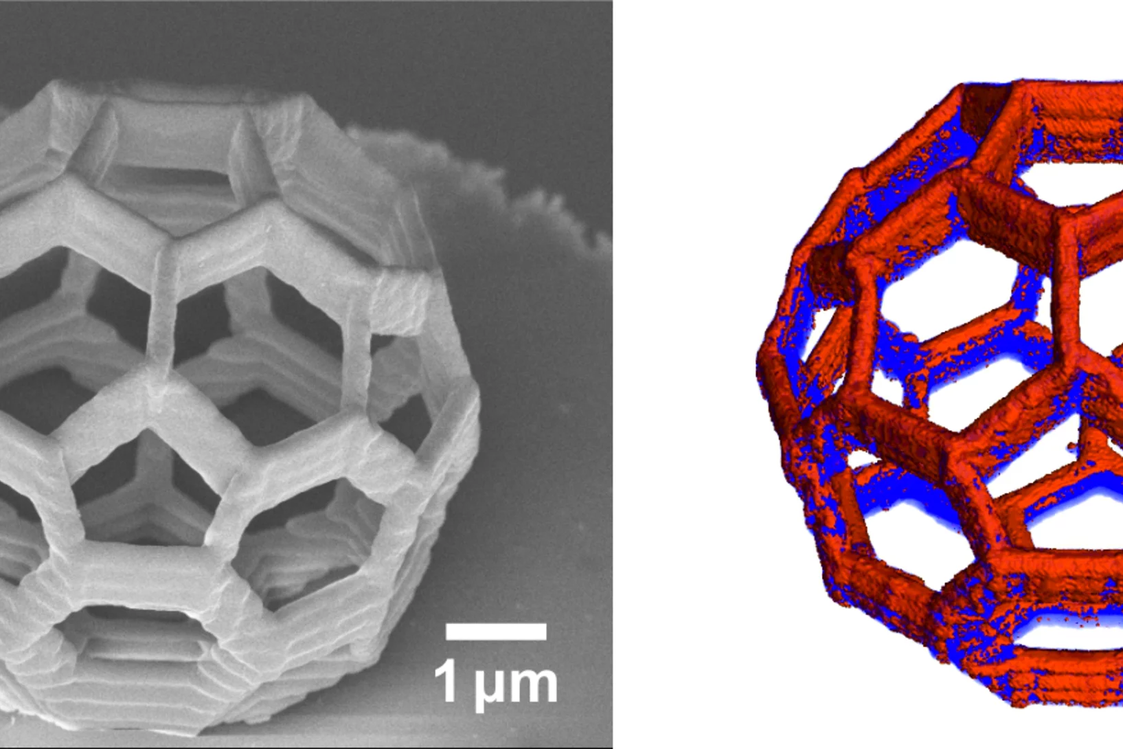 3D image of the buckyball structure investigated. In the right picture the distribution of Cobalt is shown in orange. (The solid line corresponds to 1 micrometre or 1 thousandth of a millimetre).