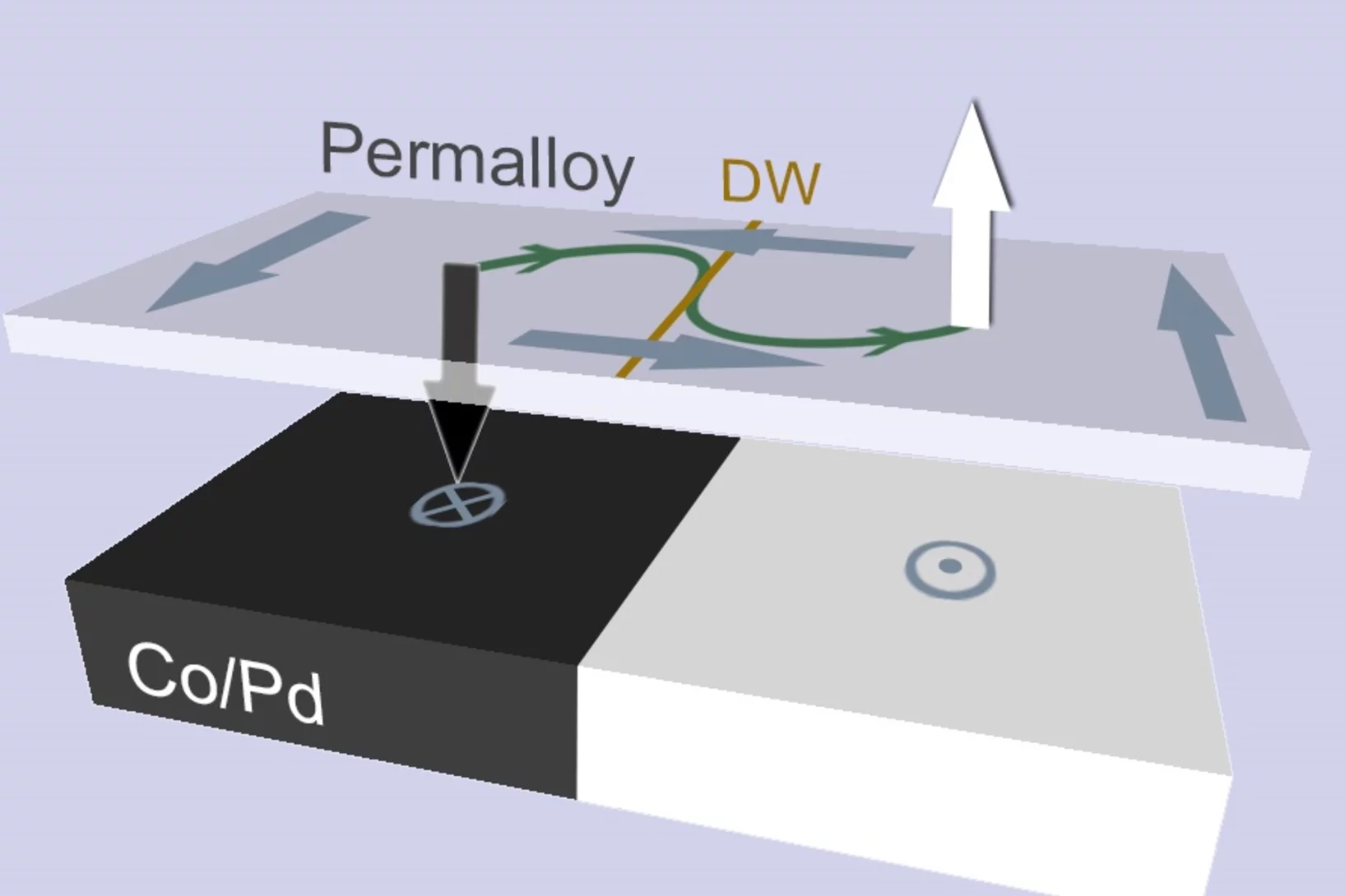 Schematic diagram of vortex core reversal process. The vortex core magnetisation reverses its orientation when crossing a domain boundary (black down arrow to white up arrow).