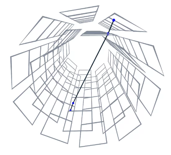 Event display of a cosmic muon track in the Mu3e vertex detector