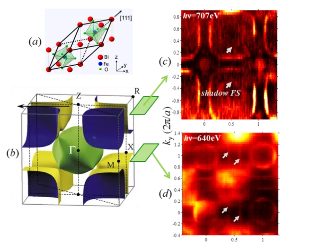 (a) Rhombohedral distortion of the pseudocubic La1−xSrxMnO3 lattice; (b) GGA+U theoretical FS; (c,d) Experimental FS cross-sections, with the shadow contours manifesting the lattice distortion.